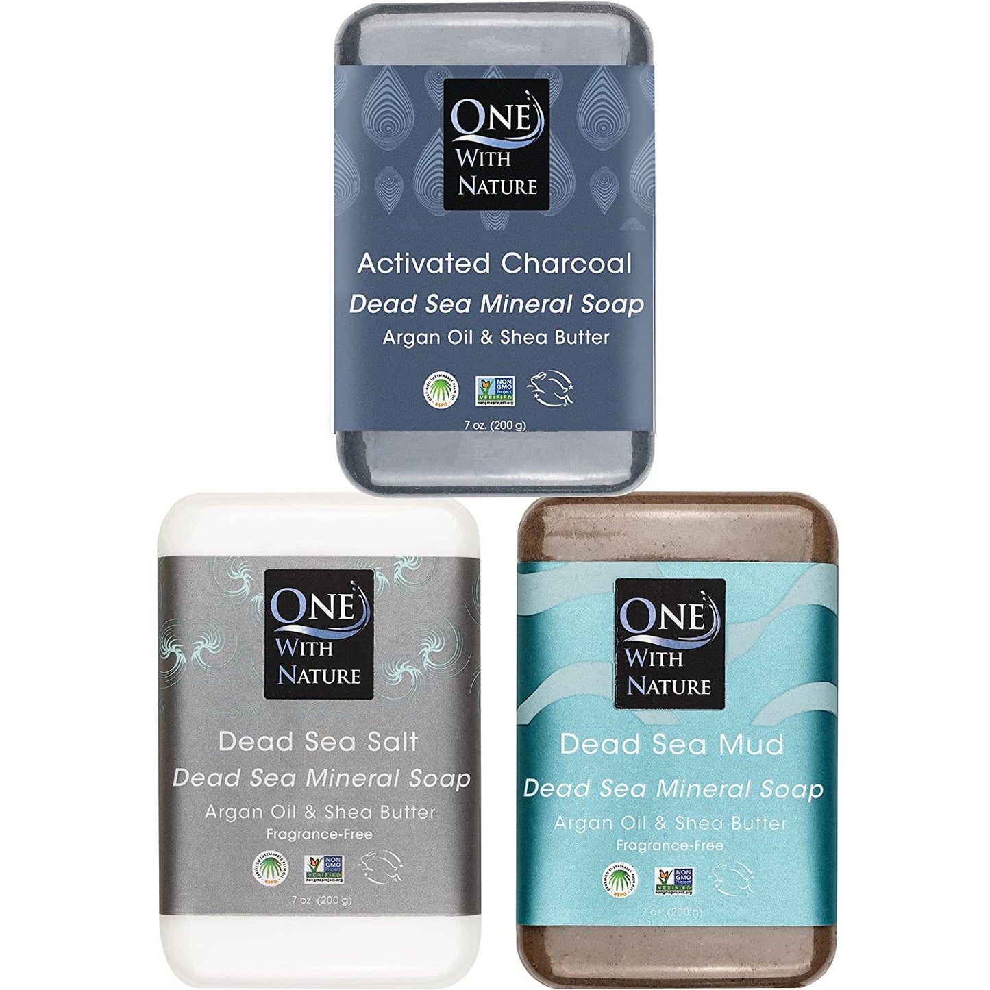 One with Nature 4 Oz Variety 3Pk-Mud, Activated Charcoal, and Dead Sea Mineral Soap with Argan Oil & Shea Butter - Dead Sea Salt Contains Magnesium, Sulfur & 21 Essential Minerals - Acne, Eczema