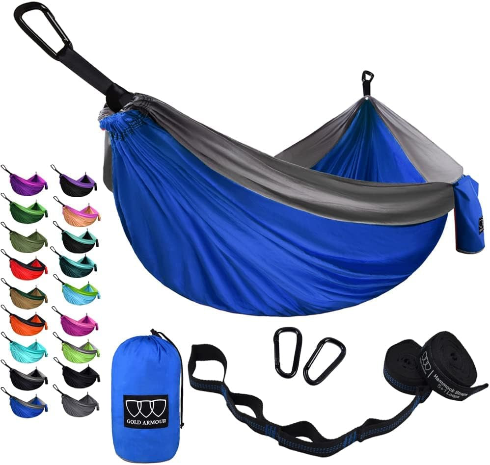 Gold Armour Camping Hammock - Portable Hammock Single Hammock Camping Accessories Gear for Outdoor Indoor Adult Kids, USA Based Brand (Light Blue & Grey)