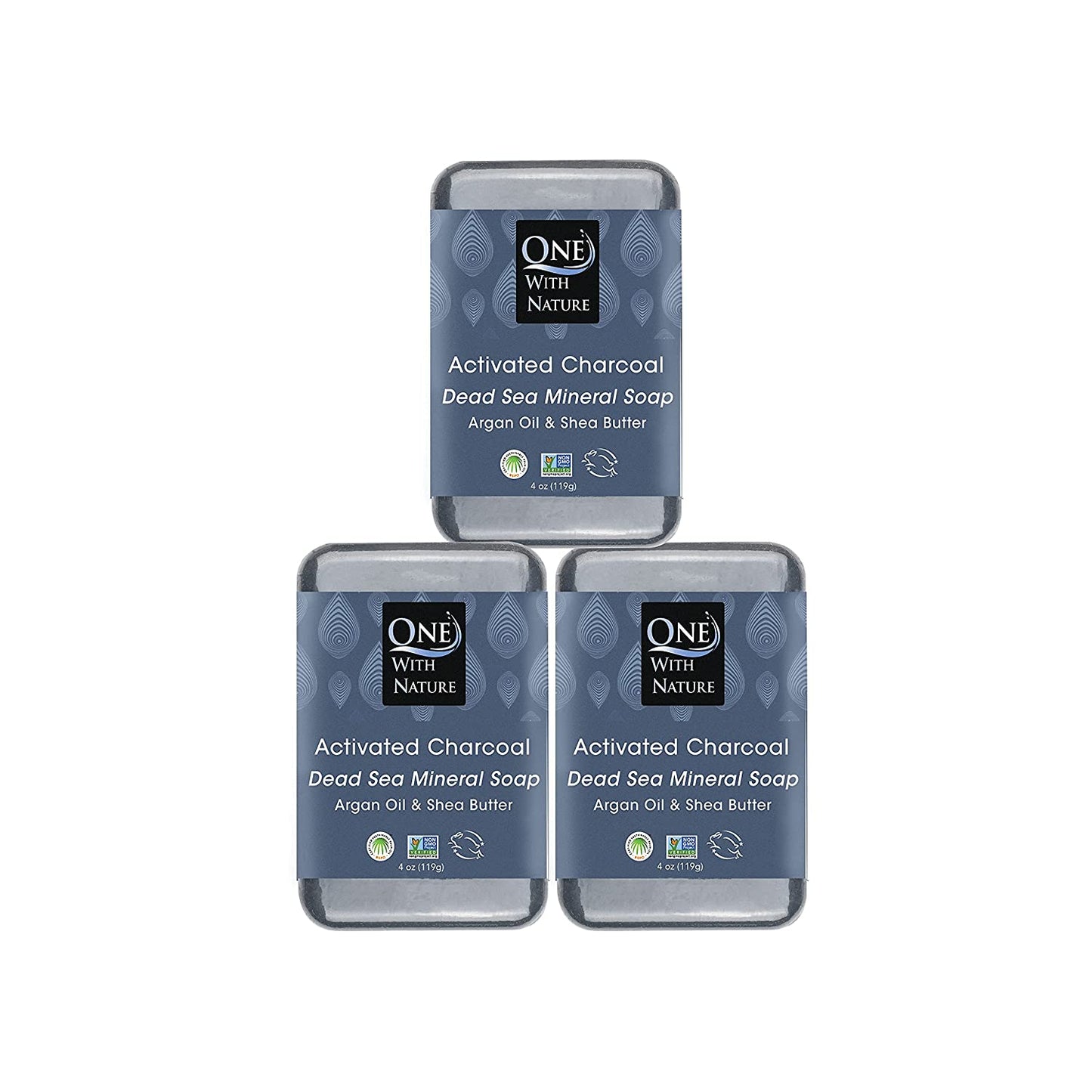 One with Nature 4 Oz Variety 3Pk-Mud, Activated Charcoal, and Dead Sea Mineral Soap with Argan Oil & Shea Butter - Dead Sea Salt Contains Magnesium, Sulfur & 21 Essential Minerals - Acne, Eczema