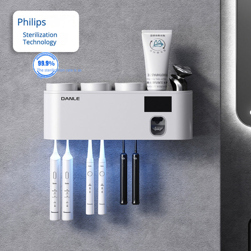 Multi-Functional Smart Toothbrush Holder Wall-Mounted Toothbrush Cup Holder Bathroom Shelf Toothpaste Dispenser
