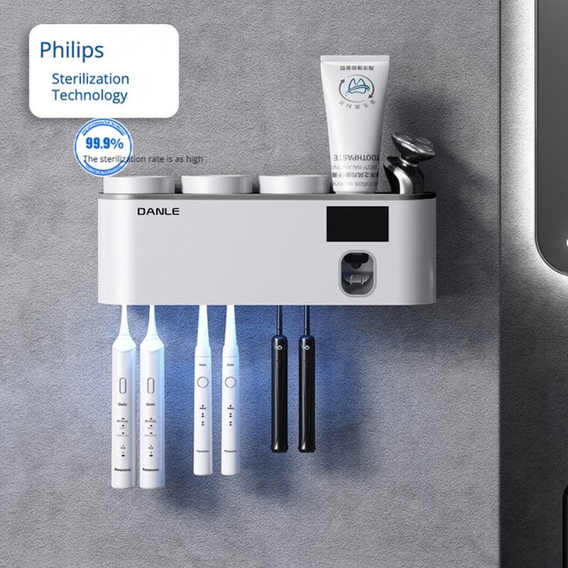 Multi-Functional Smart Toothbrush Holder Wall-Mounted Toothbrush Cup Holder Bathroom Shelf Toothpaste Dispenser