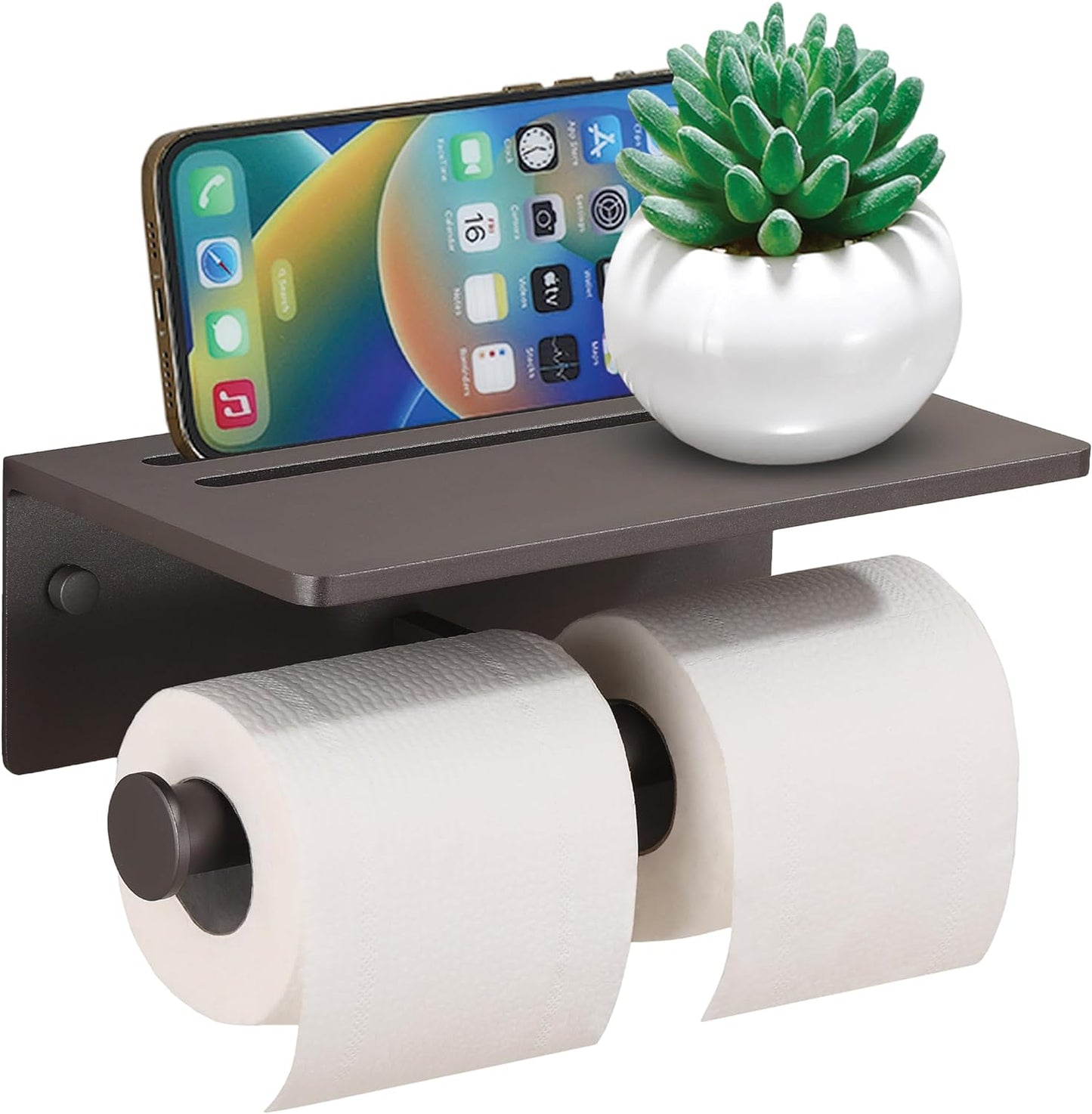 Smarthome Toilet Paper Holder with Shelf, Aluminum Tissue Roll Dispenser with Mobile Phone Storage Shelf for Bathroom, 3M Self Adhesiv or Wall-Mounted with Screws, Antique Brass