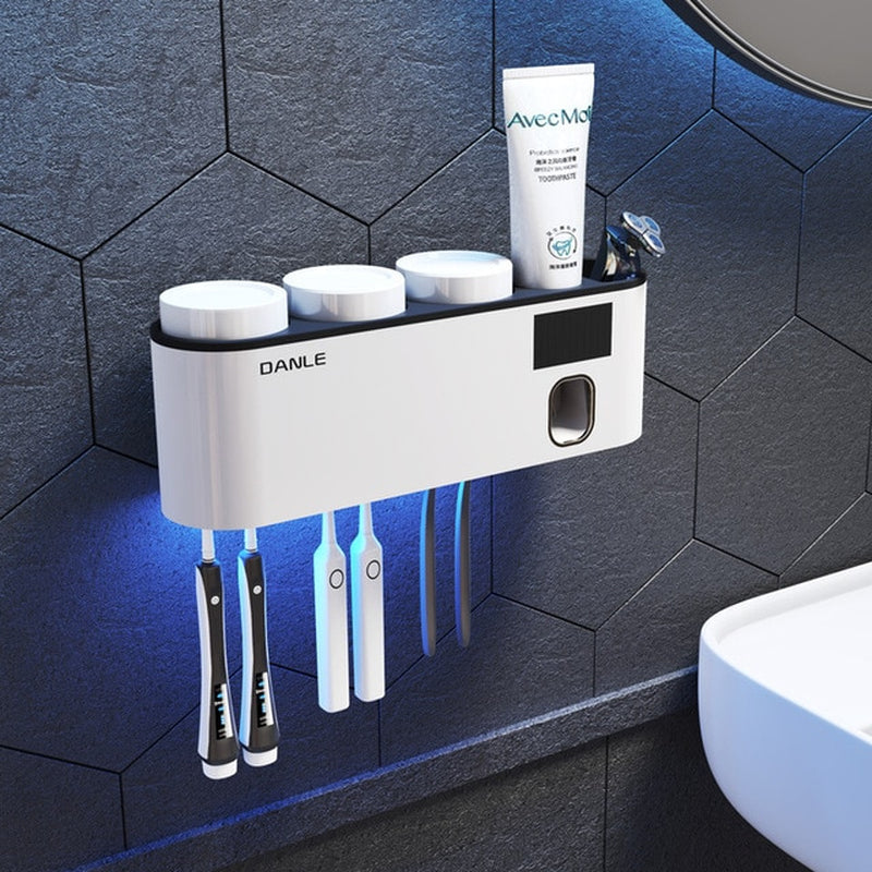 Multi-Functional Smart Toothbrush Holder Wall-Mounted Toothbrush Cup Holder Bathroom Shelf Toothpaste Dispenser