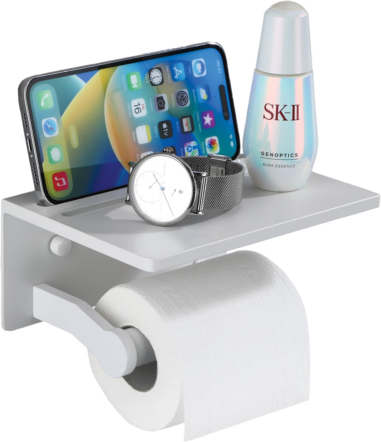 Smarthome Toilet Paper Holder with Shelf, Aluminum Tissue Roll Dispenser with Mobile Phone Storage Shelf for Bathroom, 3M Self Adhesiv or Wall-Mounted with Screws, Antique Brass