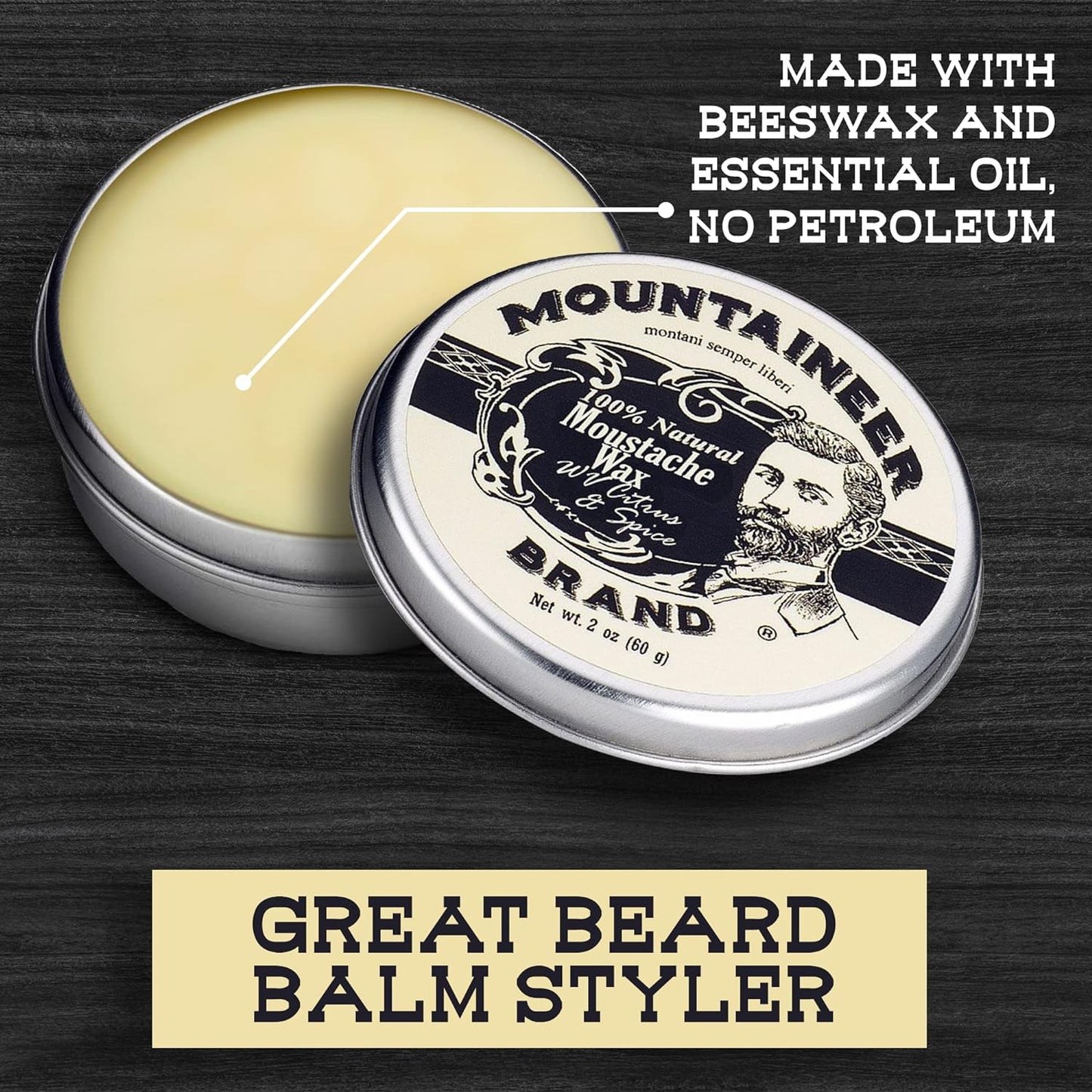 Mountaineer Brand Mustache Wax | Strong Hold | All Natural Ingredients with Beeswax | Grooming Beard Moustache Wax for Men | Made in USA | Citrus & Spice Scent 2Oz