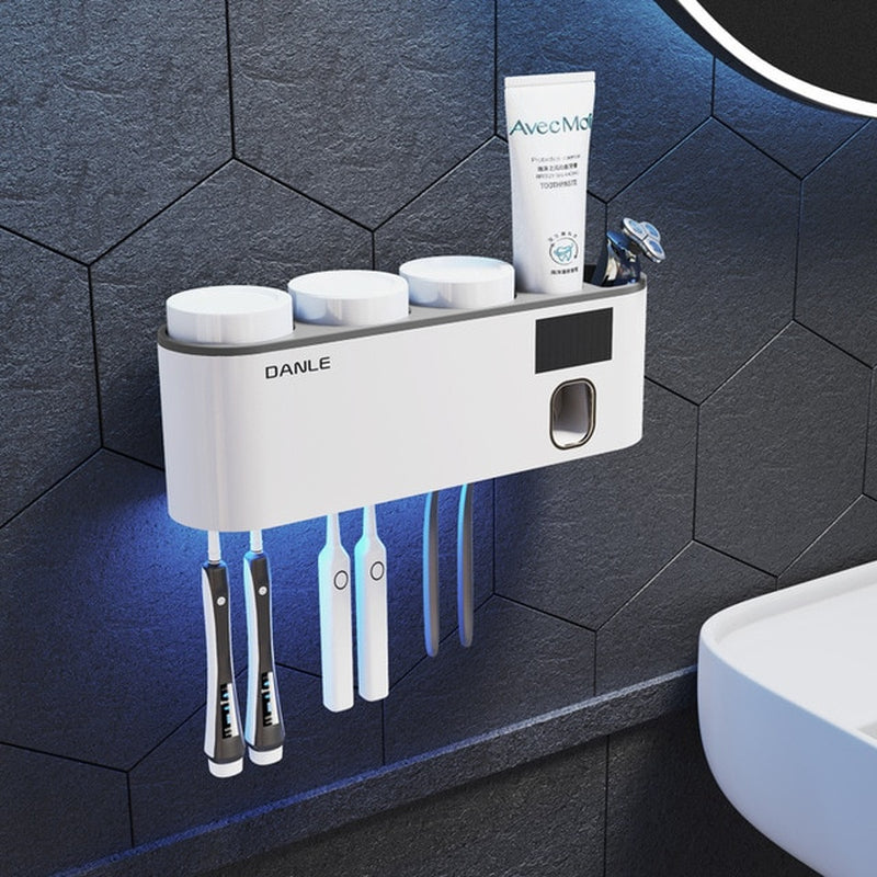 Multi-Functional Smart Toothbrush Holder Wall-Mounted Toothbrush Cup Holder Bathroom Shelf Toothpaste Dispenser