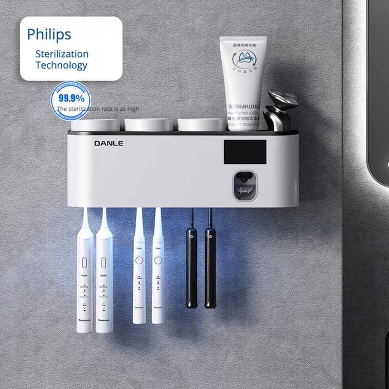 Multi-Functional Smart Toothbrush Holder Wall-Mounted Toothbrush Cup Holder Bathroom Shelf Toothpaste Dispenser