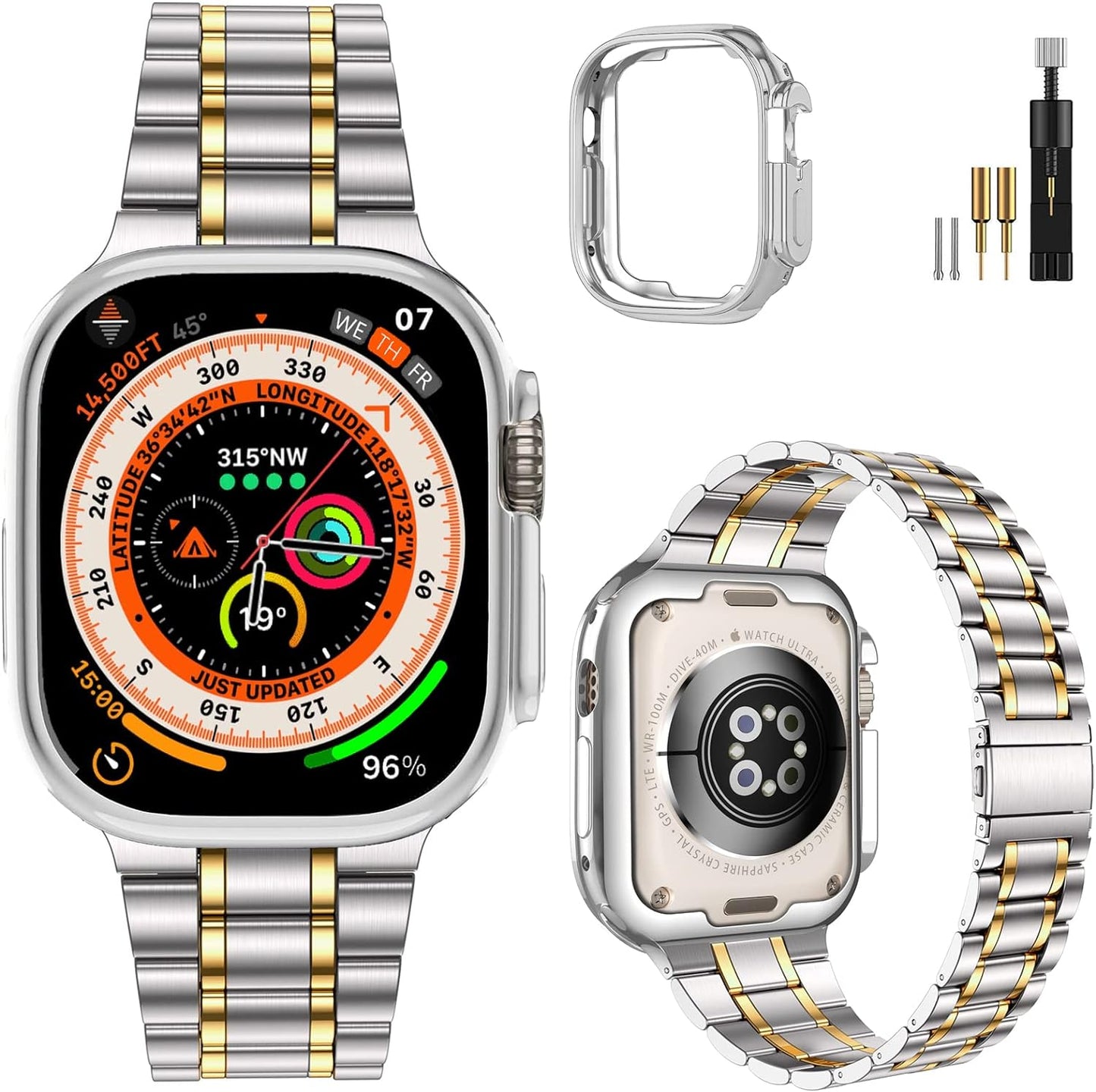 Miohhr Solid Stainless Steel Band Compatible with Apple Watch 49Mm 45Mm 44Mm 42Mm 41Mm 40Mm 38Mm, Metal Strap for Iwatch Series Ultra/Ultra2/9/8/7/6/5/4/3/2/1 SE Women and Men