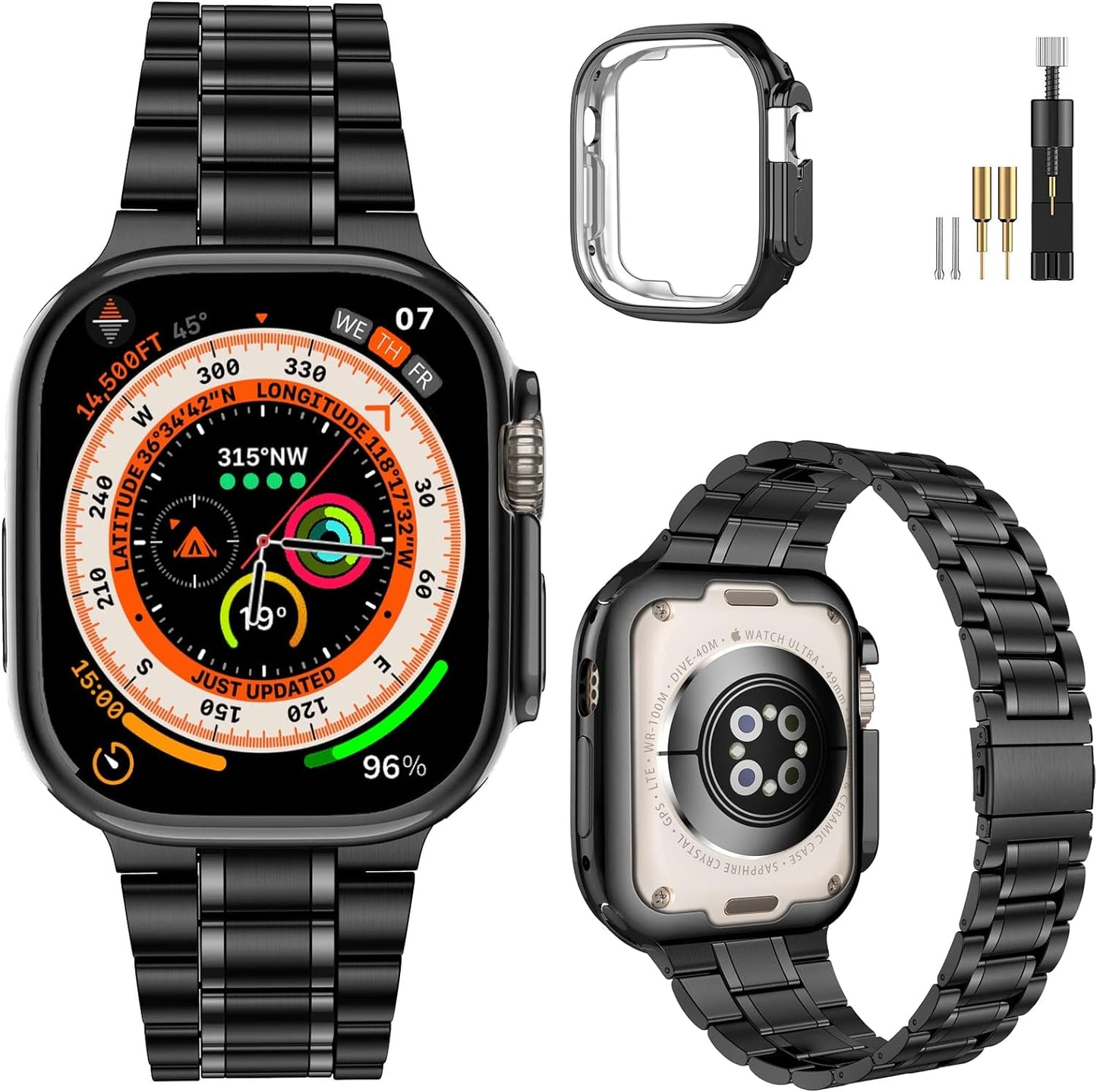 Miohhr Solid Stainless Steel Band Compatible with Apple Watch 49Mm 45Mm 44Mm 42Mm 41Mm 40Mm 38Mm, Metal Strap for Iwatch Series Ultra/Ultra2/9/8/7/6/5/4/3/2/1 SE Women and Men