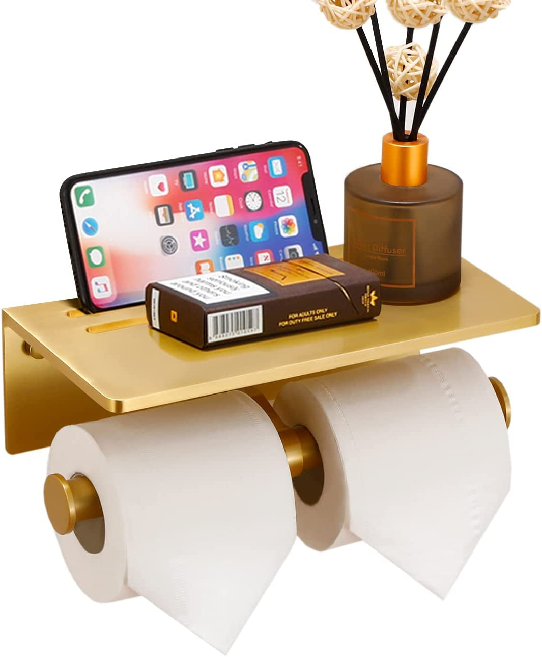 Smarthome Toilet Paper Holder with Shelf, Aluminum Tissue Roll Dispenser with Mobile Phone Storage Shelf for Bathroom, 3M Self Adhesiv or Wall-Mounted with Screws, Antique Brass