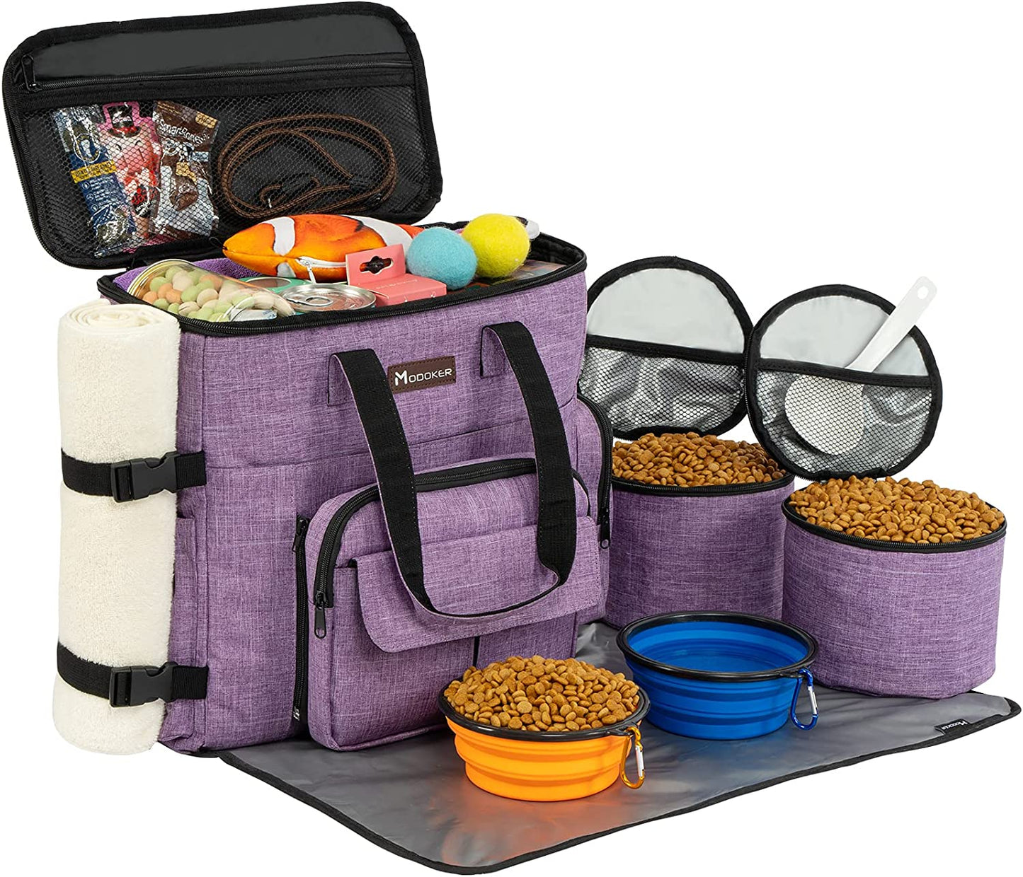 Modoker Dog Travel Bag, Weekend Pet Travel Set for Dog and Cat, Airline Approved Tote Organizer with Multi-Function Pockets, 2 Food Storage Containers, 2 Collapsible Bowls, 1 Feeding Mat (Blue)