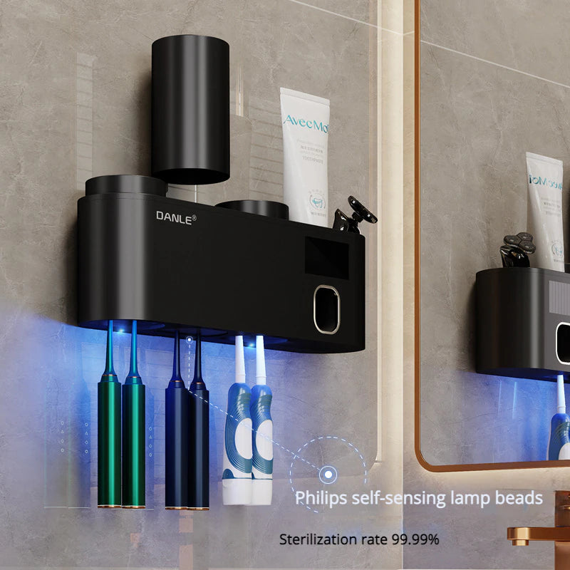 Multi-Functional Smart Toothbrush Holder Wall-Mounted Toothbrush Cup Holder Bathroom Shelf Toothpaste Dispenser