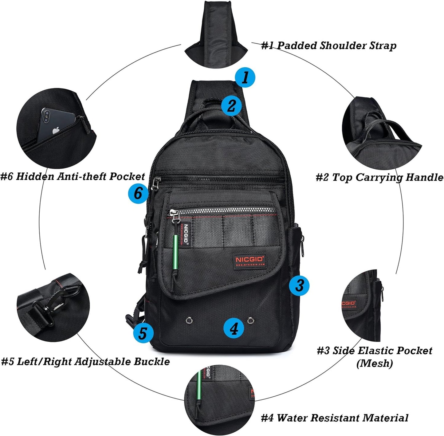 NICGID Sling Bags, Chest Shoulder Backpacks Crossbody Purse Outdoor Chest Bag Travel Backpack for Men Women