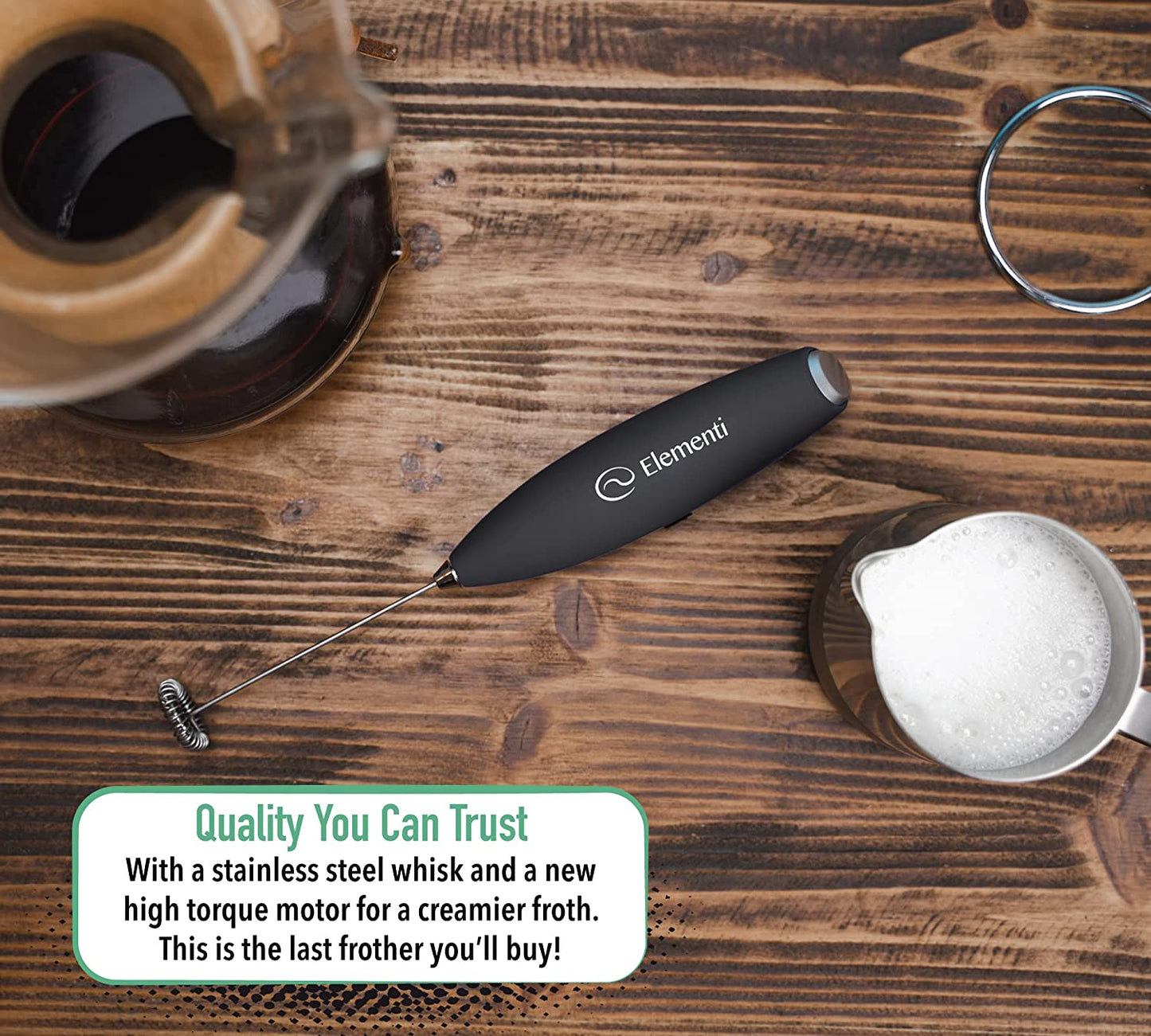 Elementi Milk Frother Wand & Matcha Mixer, Mini Electric Whisk for Coffee - Frother for Coffee - Milk Frother Handheld - Coffee Stirrers Electric Matcha Frother & Hand Whisk (Black)
