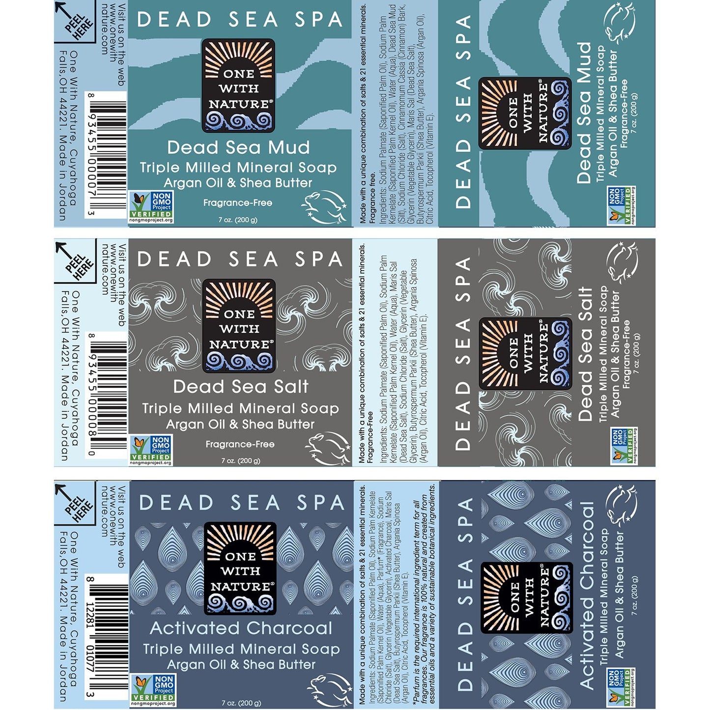 One with Nature 4 Oz Variety 3Pk-Mud, Activated Charcoal, and Dead Sea Mineral Soap with Argan Oil & Shea Butter - Dead Sea Salt Contains Magnesium, Sulfur & 21 Essential Minerals - Acne, Eczema