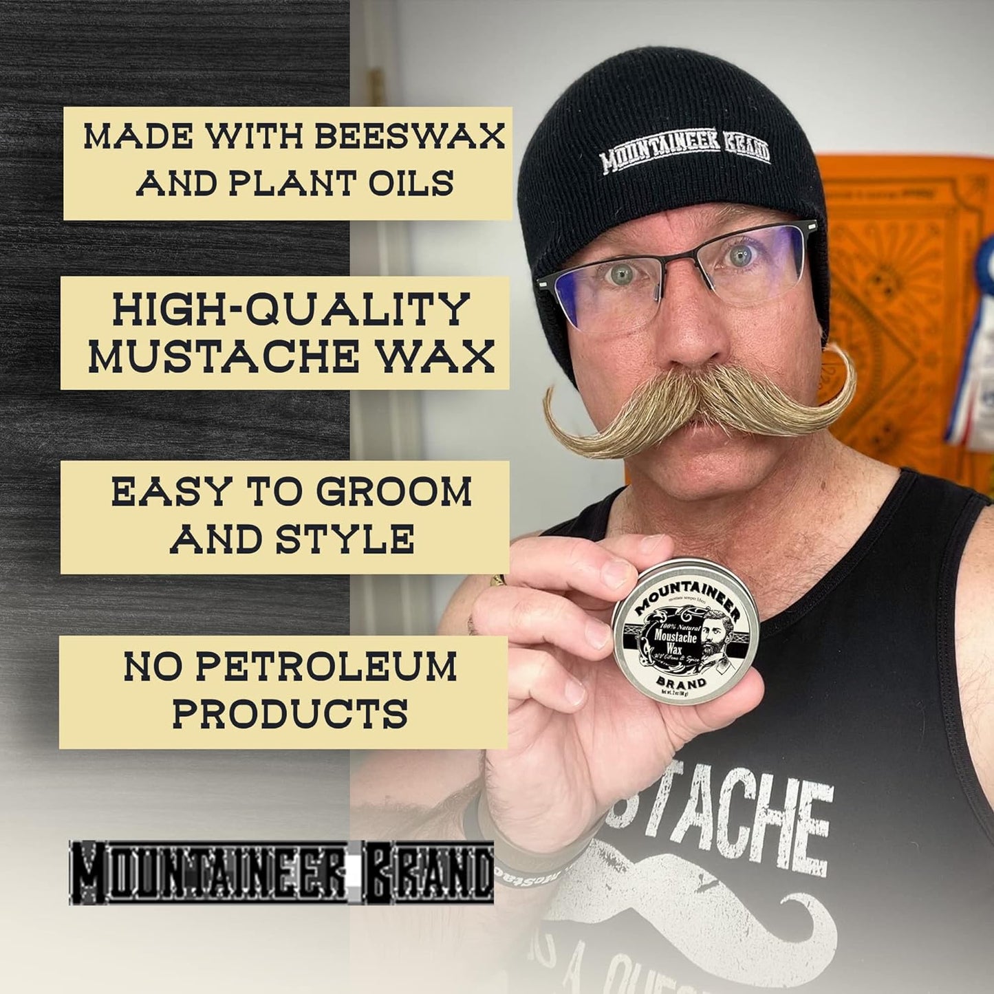 Mountaineer Brand Mustache Wax | Strong Hold | All Natural Ingredients with Beeswax | Grooming Beard Moustache Wax for Men | Made in USA | Citrus & Spice Scent 2Oz