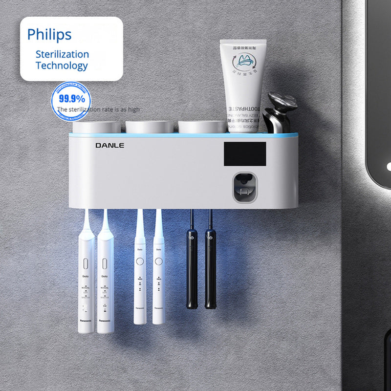 Multi-Functional Smart Toothbrush Holder Wall-Mounted Toothbrush Cup Holder Bathroom Shelf Toothpaste Dispenser