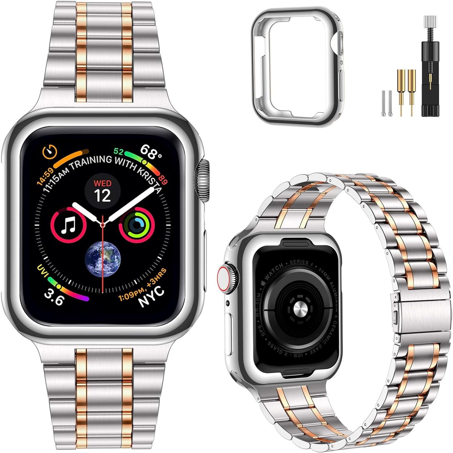 Miohhr Solid Stainless Steel Band Compatible with Apple Watch 49Mm 45Mm 44Mm 42Mm 41Mm 40Mm 38Mm, Metal Strap for Iwatch Series Ultra/Ultra2/9/8/7/6/5/4/3/2/1 SE Women and Men