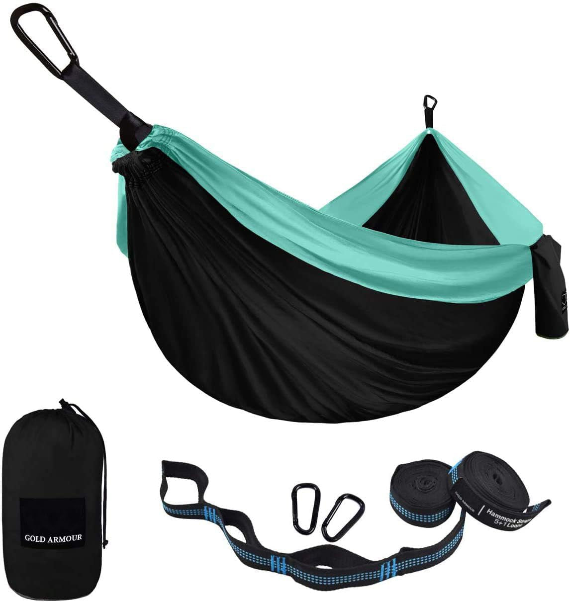 Gold Armour Camping Hammock - Portable Hammock Single Hammock Camping Accessories Gear for Outdoor Indoor Adult Kids, USA Based Brand (Light Blue & Grey)
