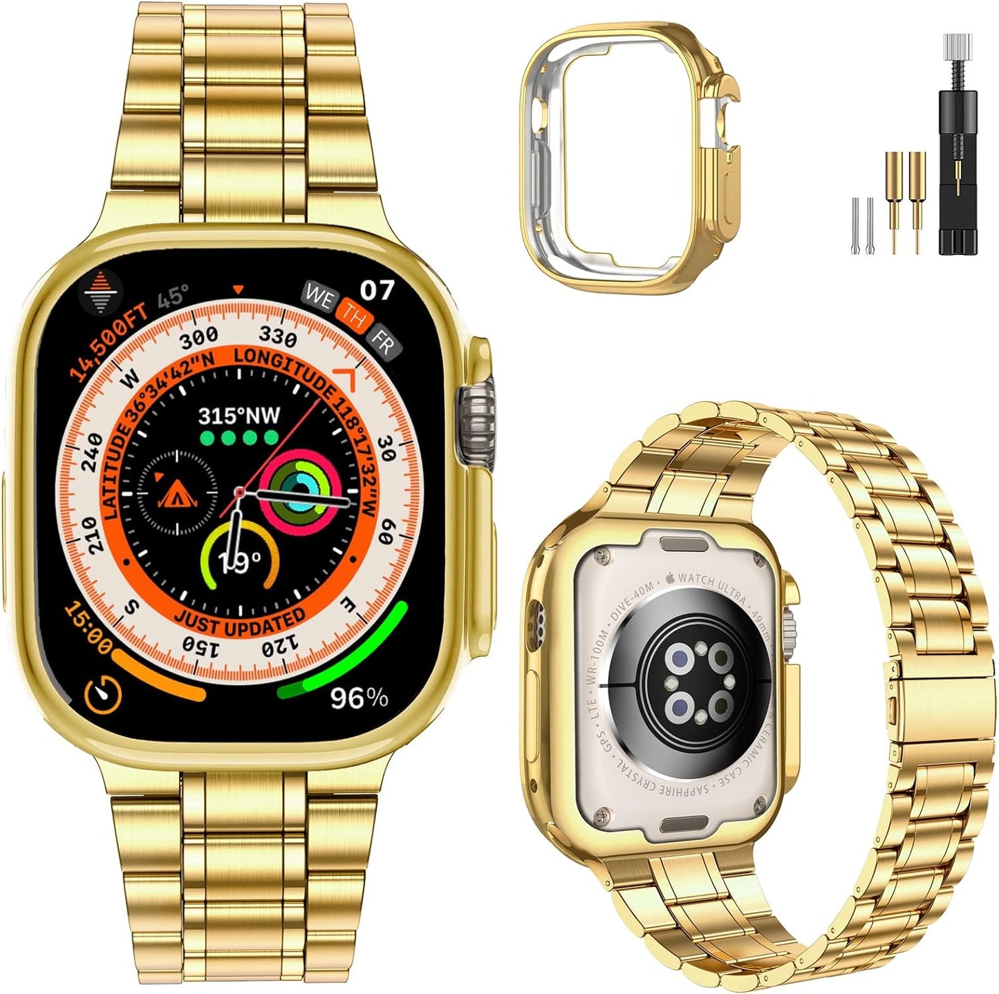 Miohhr Solid Stainless Steel Band Compatible with Apple Watch 49Mm 45Mm 44Mm 42Mm 41Mm 40Mm 38Mm, Metal Strap for Iwatch Series Ultra/Ultra2/9/8/7/6/5/4/3/2/1 SE Women and Men