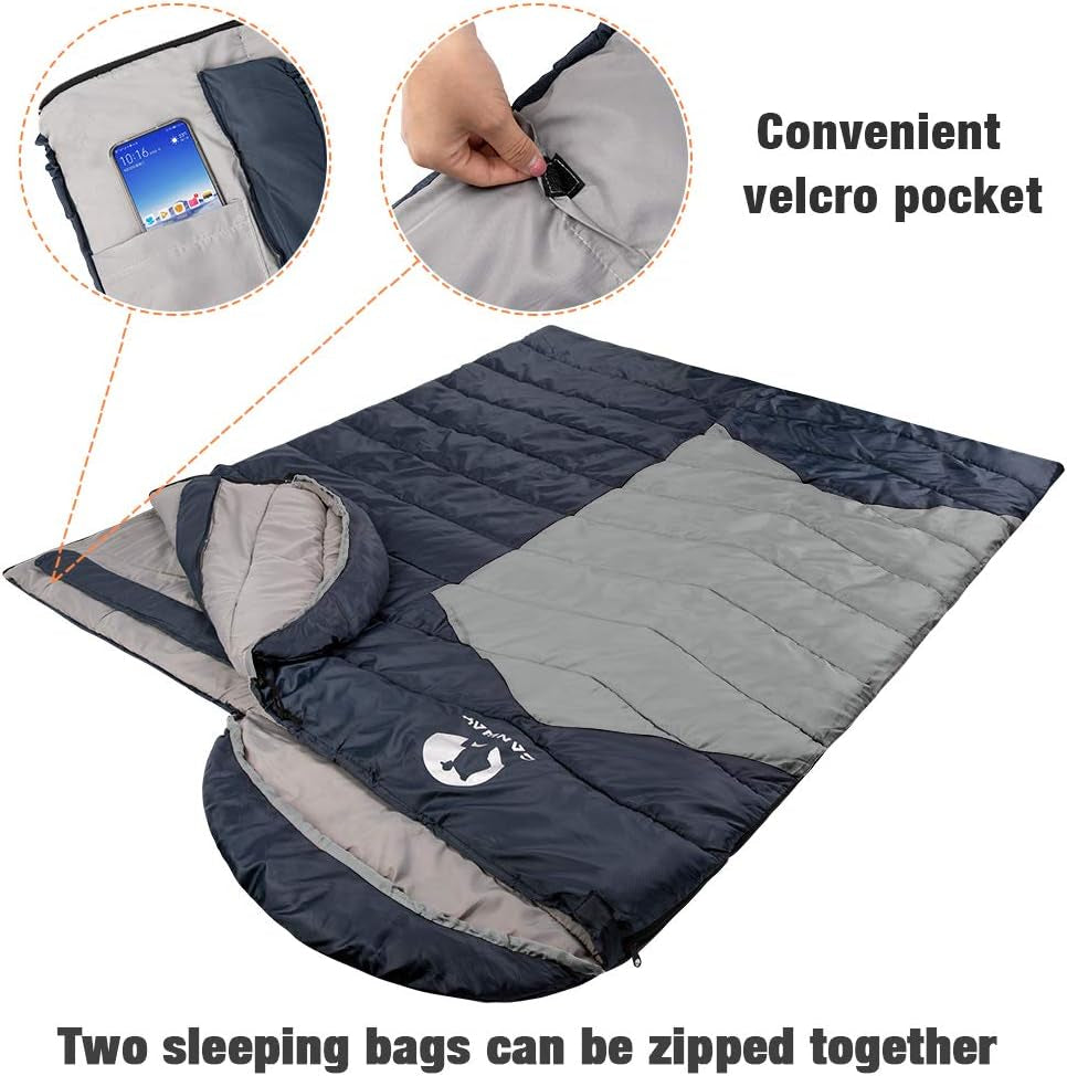CANWAY Double Sleeping Bag,2 Person Sleeping Bag Lightweight Waterproof with 2 Pillows for Camping, Backpacking, or Hiking for Adults or Teens Queen Size XL & XXL