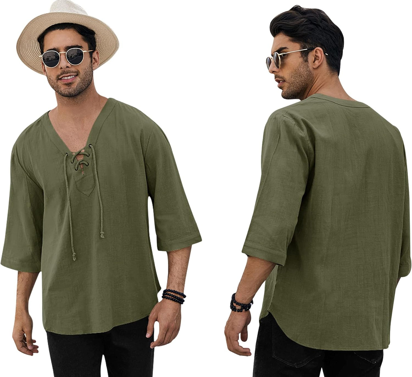 Mens Cotton Linen Henley Shirt Drawstring Half Sleeve Hippie Casual Lace up T Shirt Summer Beach Tops