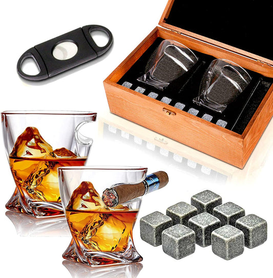 Bezrat Old Fashioned Whiskey Cigar Glasses with Side Mounted Cigar Holder + Whisky Chilling Stones and Accessories in Wooden Box - Scotch Bourbon Set for Dad, Husband, Fathers Day, Birthday Gift Set