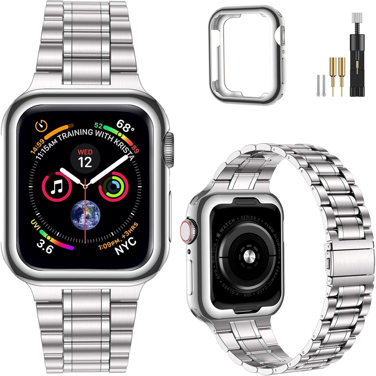 Miohhr Solid Stainless Steel Band Compatible with Apple Watch 49Mm 45Mm 44Mm 42Mm 41Mm 40Mm 38Mm, Metal Strap for Iwatch Series Ultra/Ultra2/9/8/7/6/5/4/3/2/1 SE Women and Men