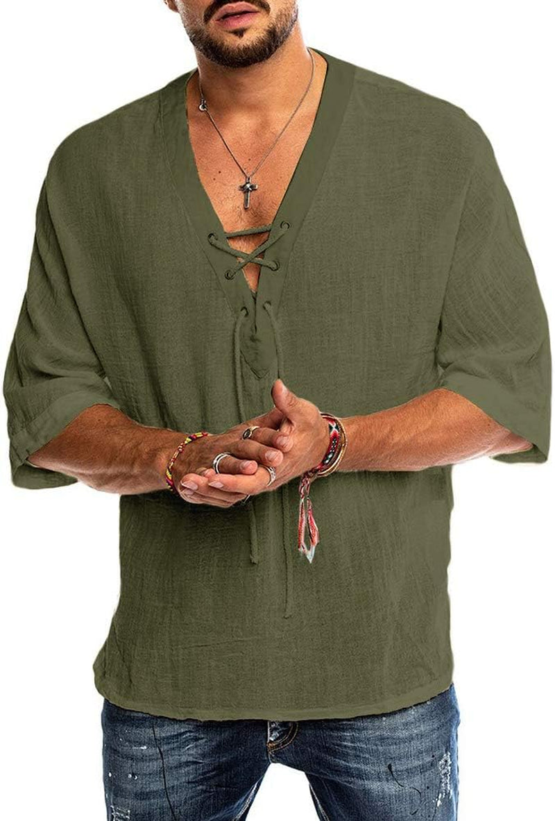 Mens Cotton Linen Henley Shirt Drawstring Half Sleeve Hippie Casual Lace up T Shirt Summer Beach Tops