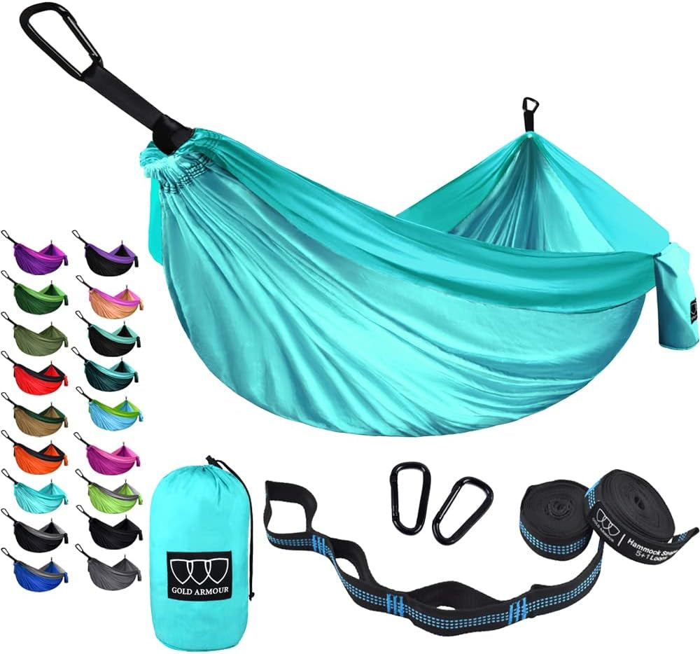 Gold Armour Camping Hammock - Portable Hammock Single Hammock Camping Accessories Gear for Outdoor Indoor Adult Kids, USA Based Brand (Light Blue & Grey)