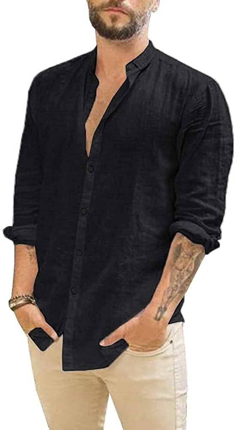 Mens Casual Long Sleeve Cotton Linen Shirts Buttons down Solid Plain Roll-Up Sleeve Summer Beach Shirts