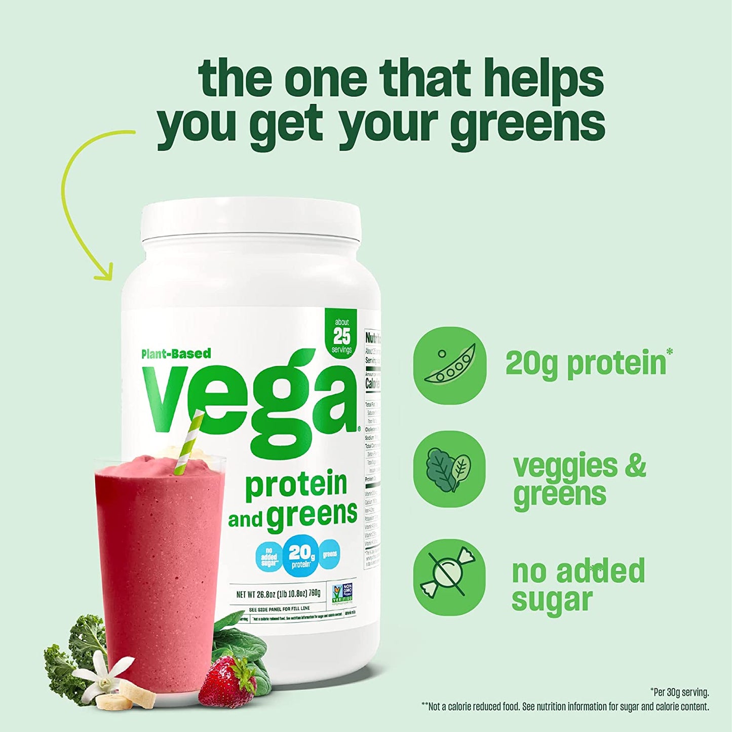 Vega Protein and Greens Protein Powder, Chocolate - 20G Plant Based Protein plus Veggies, Vegan, Non GMO, Pea Protein for Women and Men, 1Lbs (Packaging May Vary)