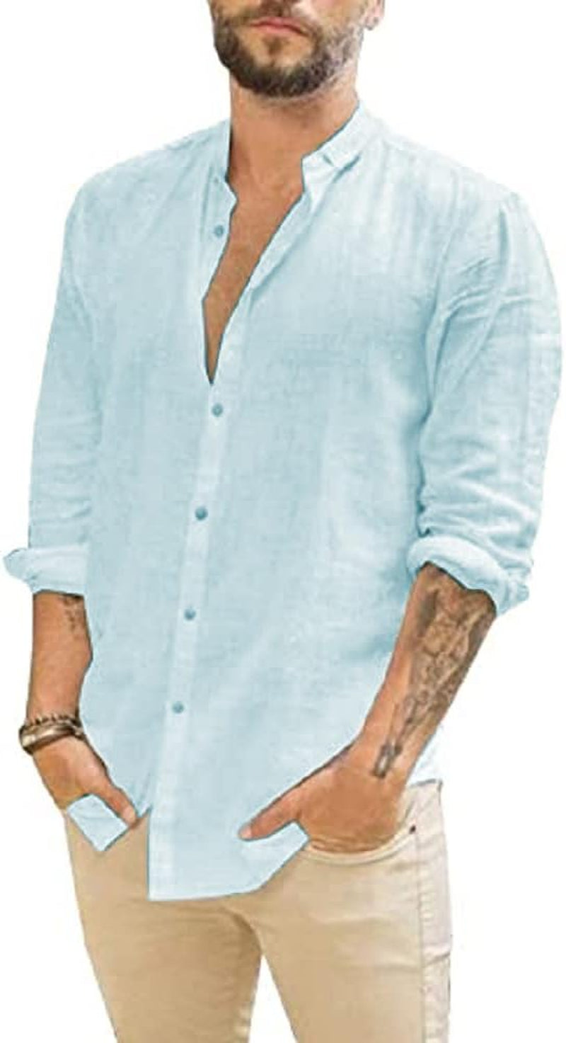 Mens Casual Long Sleeve Cotton Linen Shirts Buttons down Solid Plain Roll-Up Sleeve Summer Beach Shirts