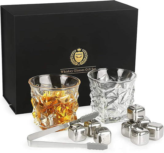 Whiskey Gifts for Men Dad, Kollea Whiskey Glasses Set with 8 Reusable Whiskey Stones, Drinking Gifts for Boyfriend Him, Cool Whiskey Gifts for Birthday House Warming Anniversary Christmas, 11Oz