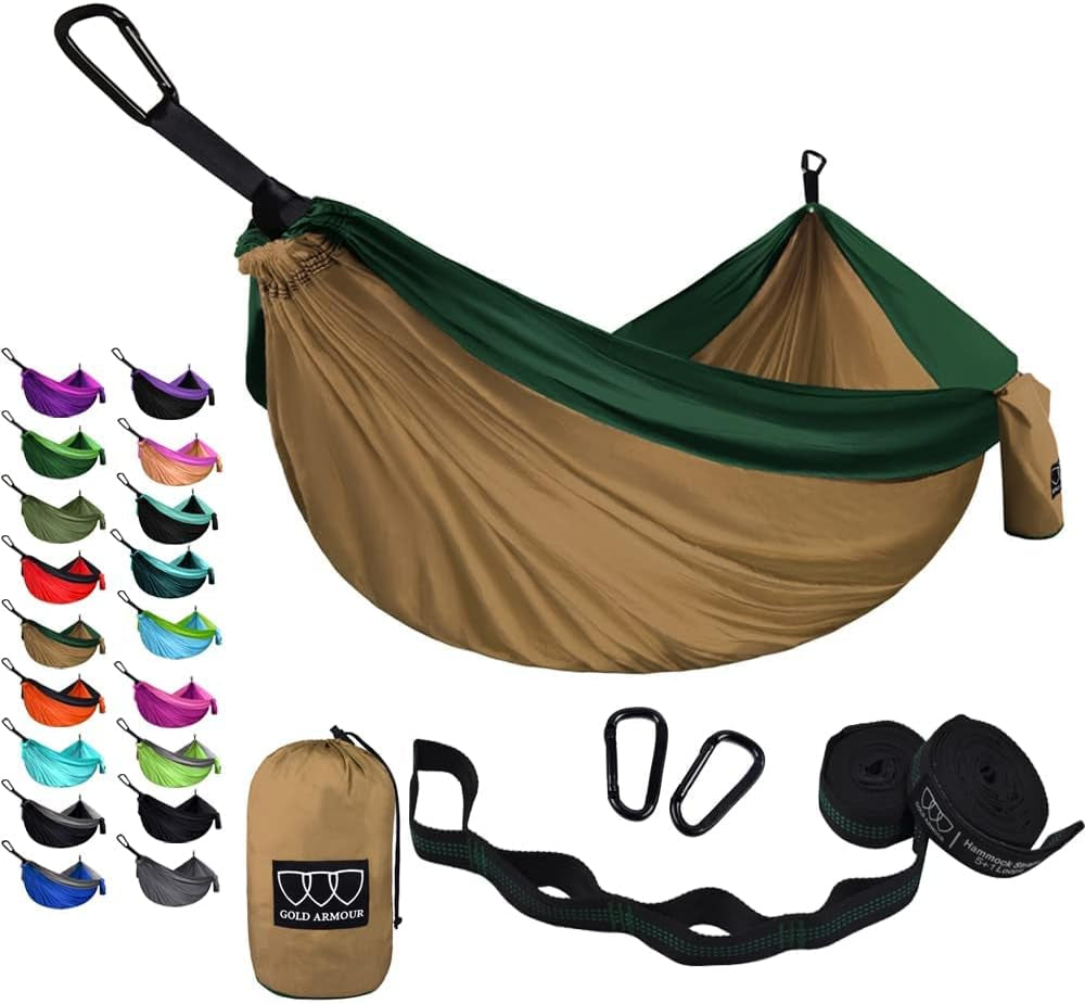 Gold Armour Camping Hammock - Portable Hammock Single Hammock Camping Accessories Gear for Outdoor Indoor Adult Kids, USA Based Brand (Light Blue & Grey)