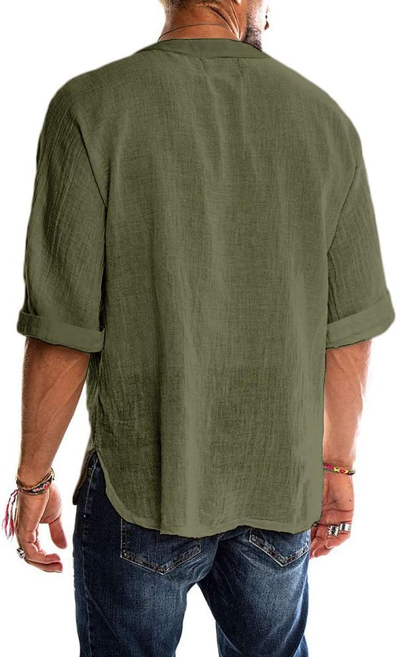 Mens Cotton Linen Henley Shirt Drawstring Half Sleeve Hippie Casual Lace up T Shirt Summer Beach Tops