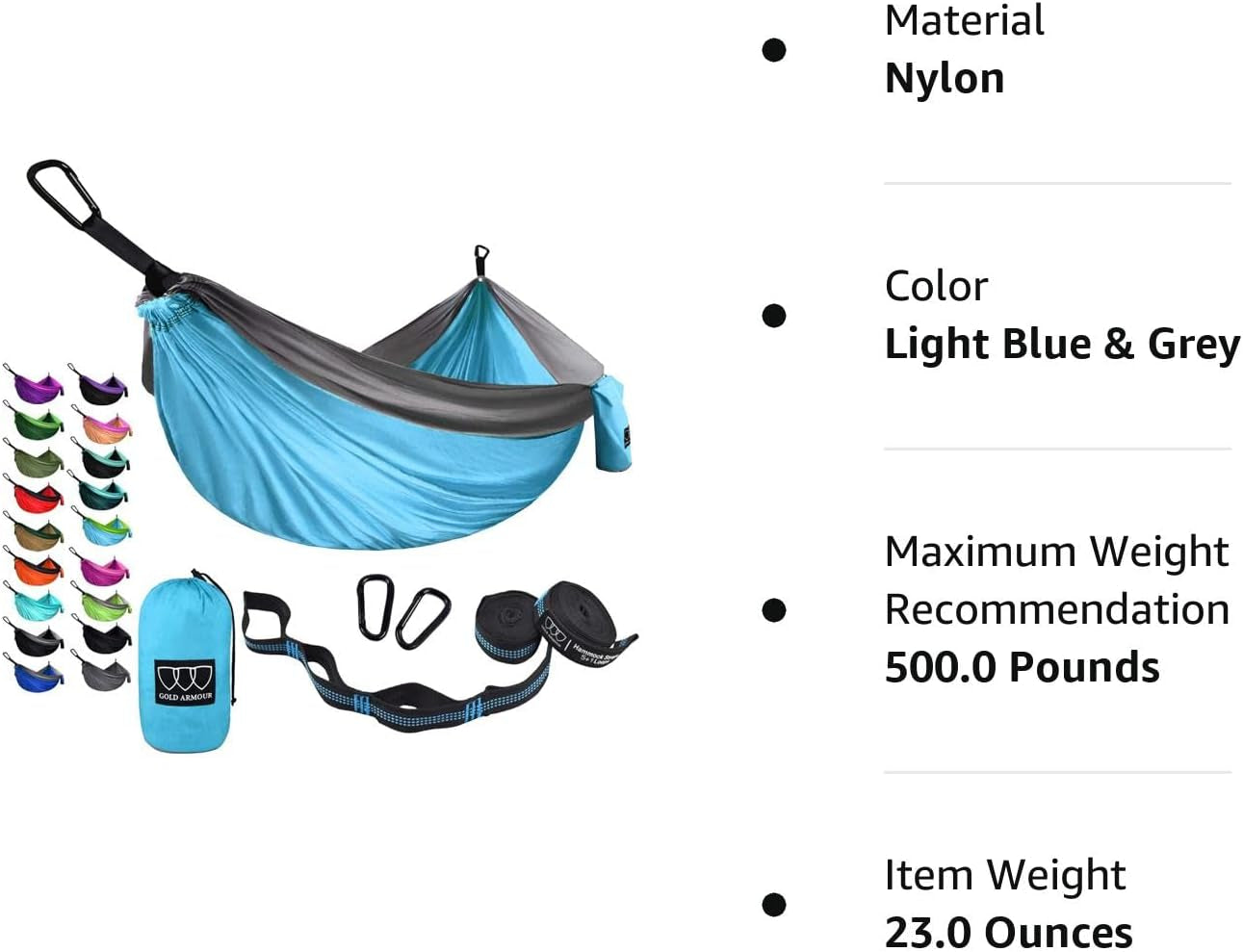 Gold Armour Camping Hammock - Portable Hammock Single Hammock Camping Accessories Gear for Outdoor Indoor Adult Kids, USA Based Brand (Light Blue & Grey)