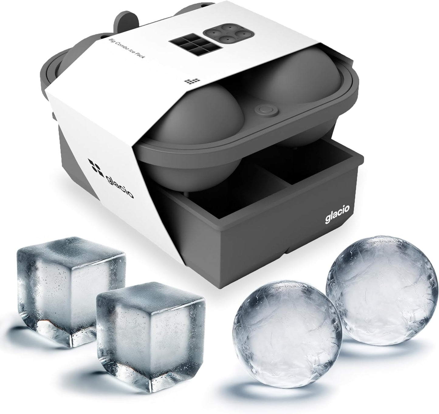 Glacio Ball Ice Cube Tray and Big Ice Cube Molds for Whiskey, Slow-Melting, 100% Silicone, No-Plastic, Easy Release, Ideal for Gifting and Elevating Cocktails