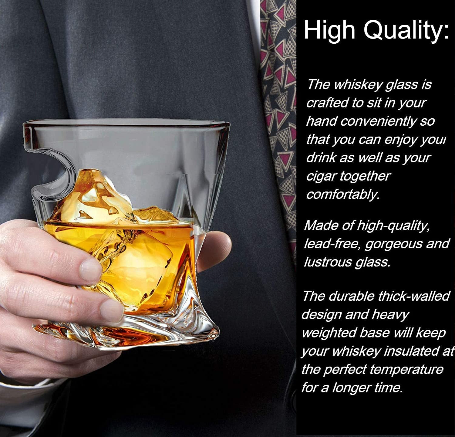 Bezrat Old Fashioned Whiskey Cigar Glasses with Side Mounted Cigar Holder + Whisky Chilling Stones and Accessories in Wooden Box - Scotch Bourbon Set for Dad, Husband, Fathers Day, Birthday Gift Set