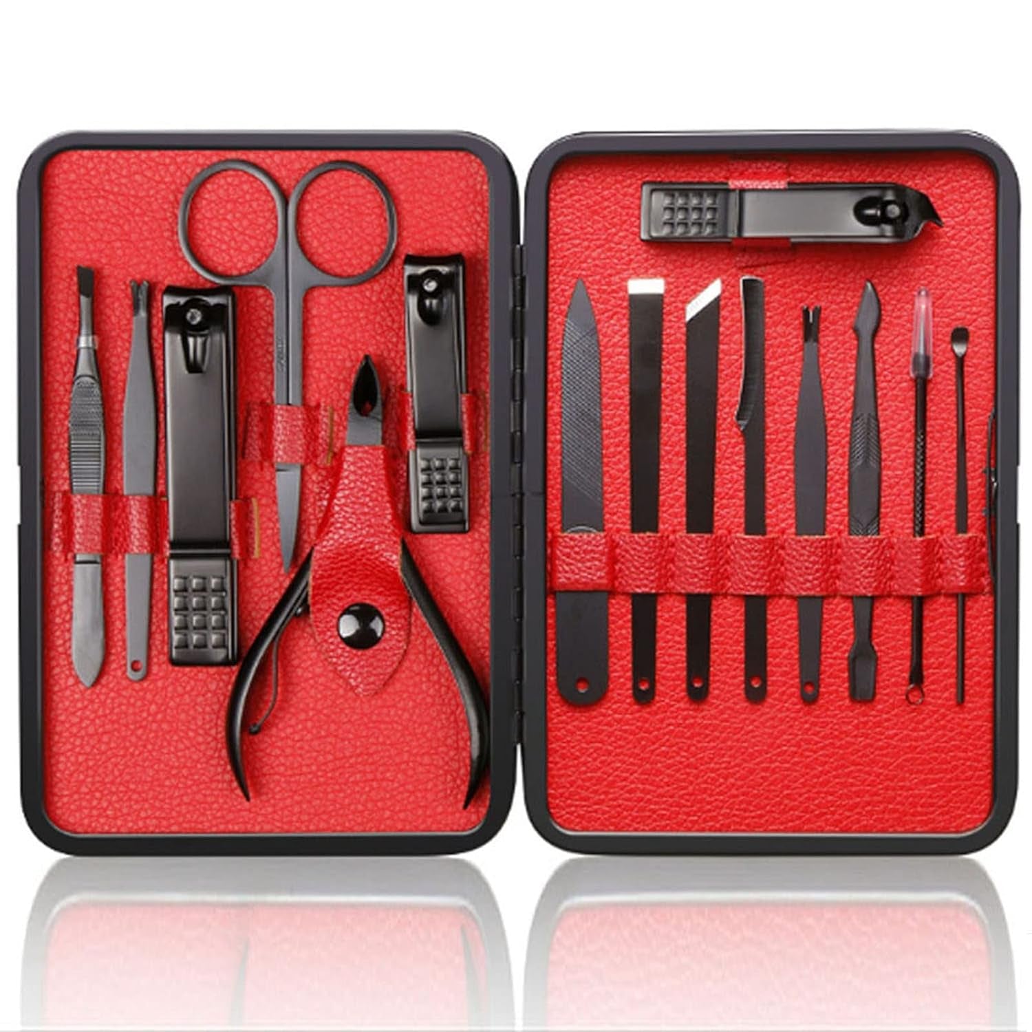 Manicure Set Pedicure Kit Professional 19 Pcs Nail Clipper for Men & Women Stainless Steel Sharp Cutter Grooming Nose Hair Scissors…Black Fingernails & Toenails with Portable Case (Wine Red_19 Pieces)