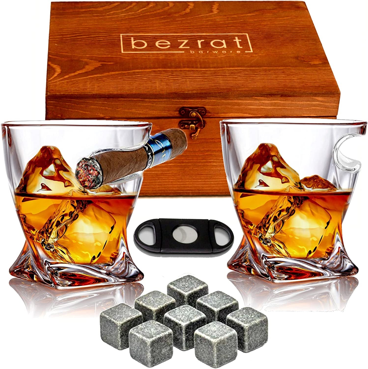Bezrat Old Fashioned Whiskey Cigar Glasses with Side Mounted Cigar Holder + Whisky Chilling Stones and Accessories in Wooden Box - Scotch Bourbon Set for Dad, Husband, Fathers Day, Birthday Gift Set