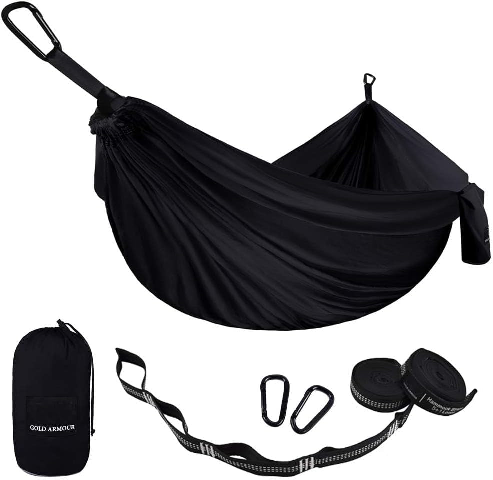 Gold Armour Camping Hammock - Portable Hammock Single Hammock Camping Accessories Gear for Outdoor Indoor Adult Kids, USA Based Brand (Light Blue & Grey)