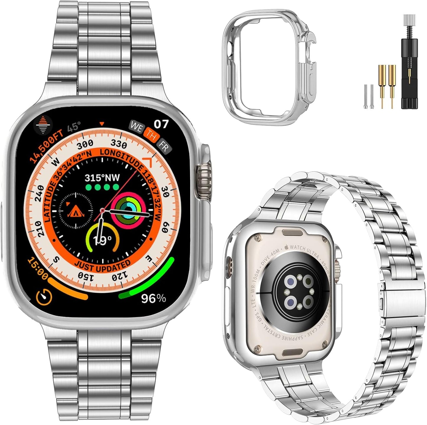 Miohhr Solid Stainless Steel Band Compatible with Apple Watch 49Mm 45Mm 44Mm 42Mm 41Mm 40Mm 38Mm, Metal Strap for Iwatch Series Ultra/Ultra2/9/8/7/6/5/4/3/2/1 SE Women and Men