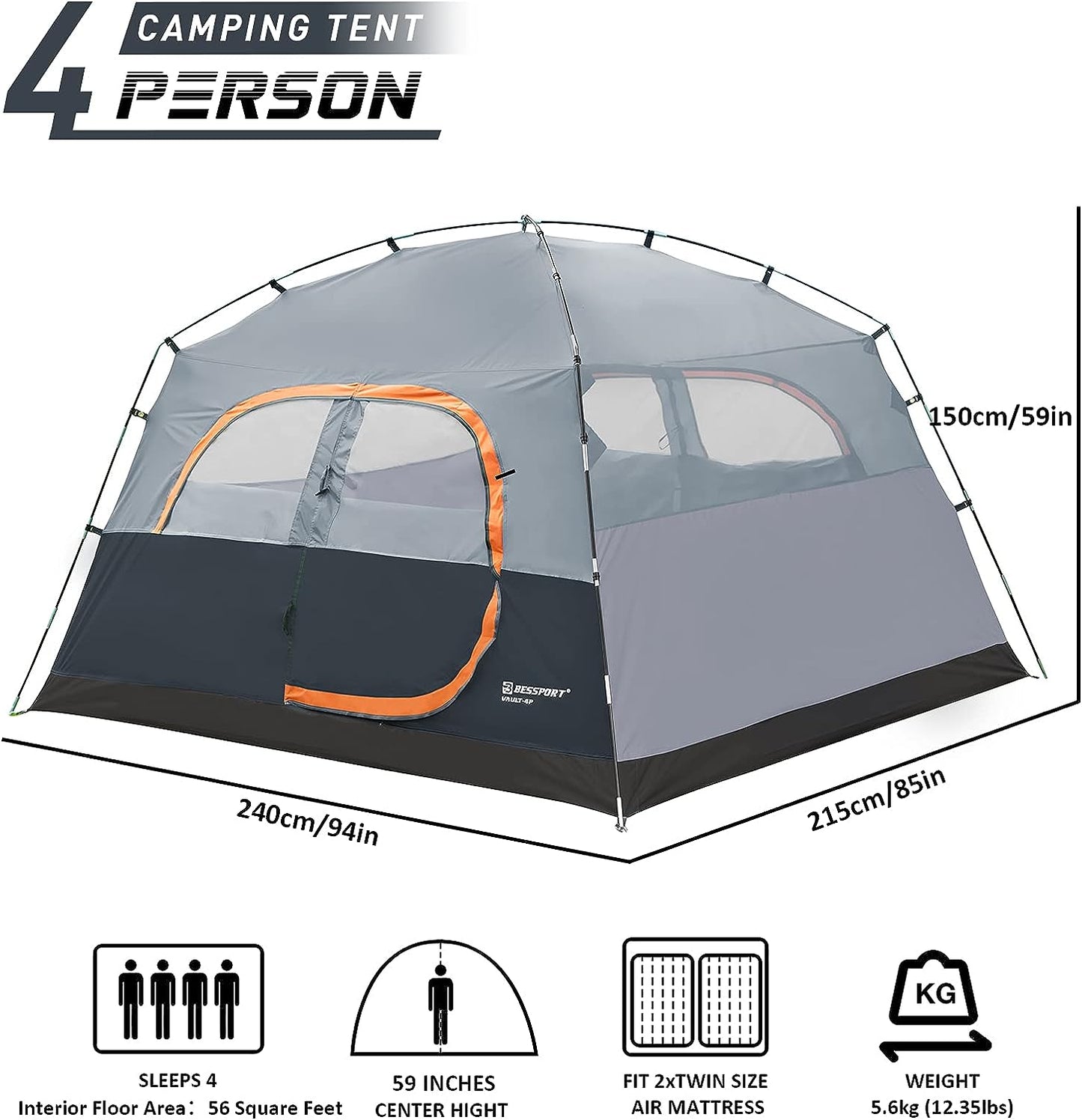 Bessport Tent 4 Person Camping Tent,Waterproof & Windproof Backpacking Tent,Easy Setup,For 3-4 Seasons Lightweight Tent,Great for Outdoor, Mountaineering and Glamping