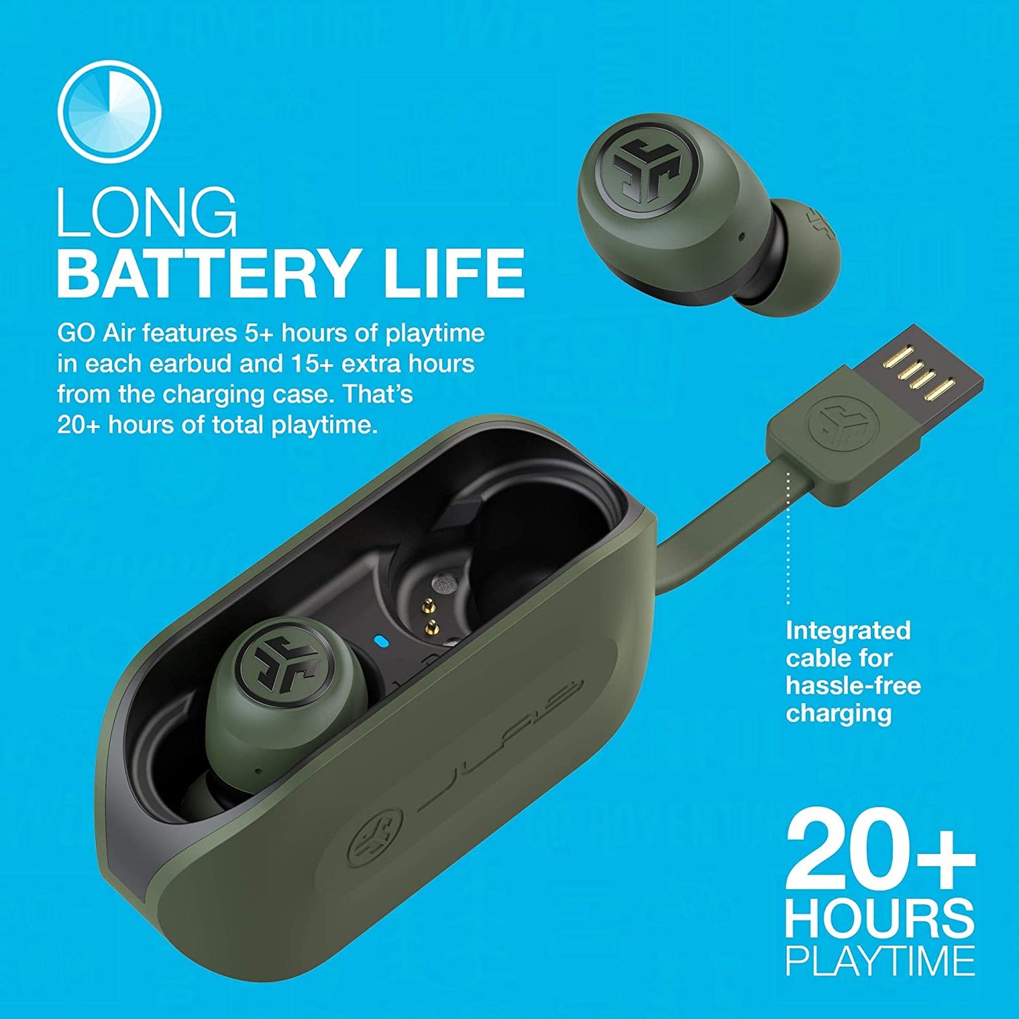 Jlab Go Air True Wireless Bluetooth Earbuds + Charging Case, Green, Dual Connect, IP44 Sweat Resistance, Bluetooth 5.0 Connection, 3 EQ Sound Settings Signature, Balanced, Bass Boost