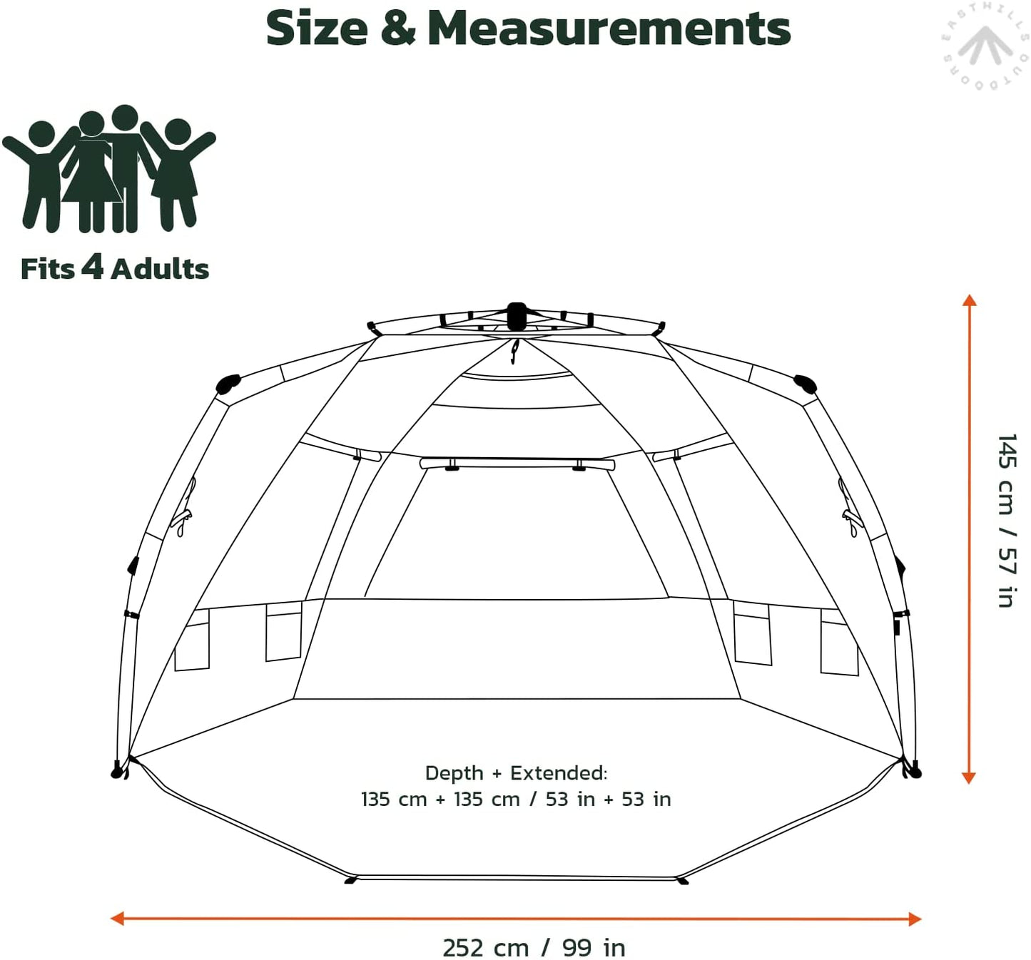 Easthills Outdoors Instant Shader Dark Shelter XL Beach Tent 99" Wide for 4-6 Person Sun Shelter UPF 50+ with Extended Zippered Porch Pacific Blue