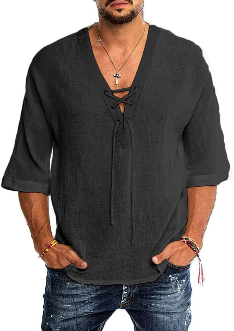 Mens Cotton Linen Henley Shirt Drawstring Half Sleeve Hippie Casual Lace up T Shirt Summer Beach Tops