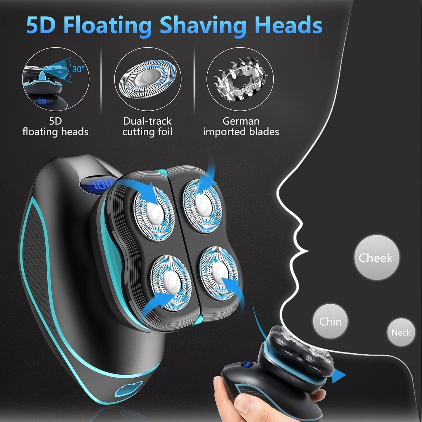 Head Shaver, Head Shavers for Bald Men, 5D Floating Electric Shaver for Men, 5 in 1 Bald Head Shaver with Hair Clippers Nose Hair Trimmer Facial Cleansing & Exfoliating Brush