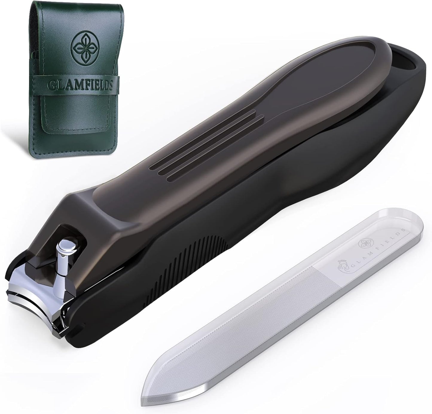 GLAMFIELDS Nail Clipper with Catcher, Large Fingernail Toenail Clipper,Slanted Edge Nail Clippers Leather Case Packed Good Gift for Men and Women 2PACK