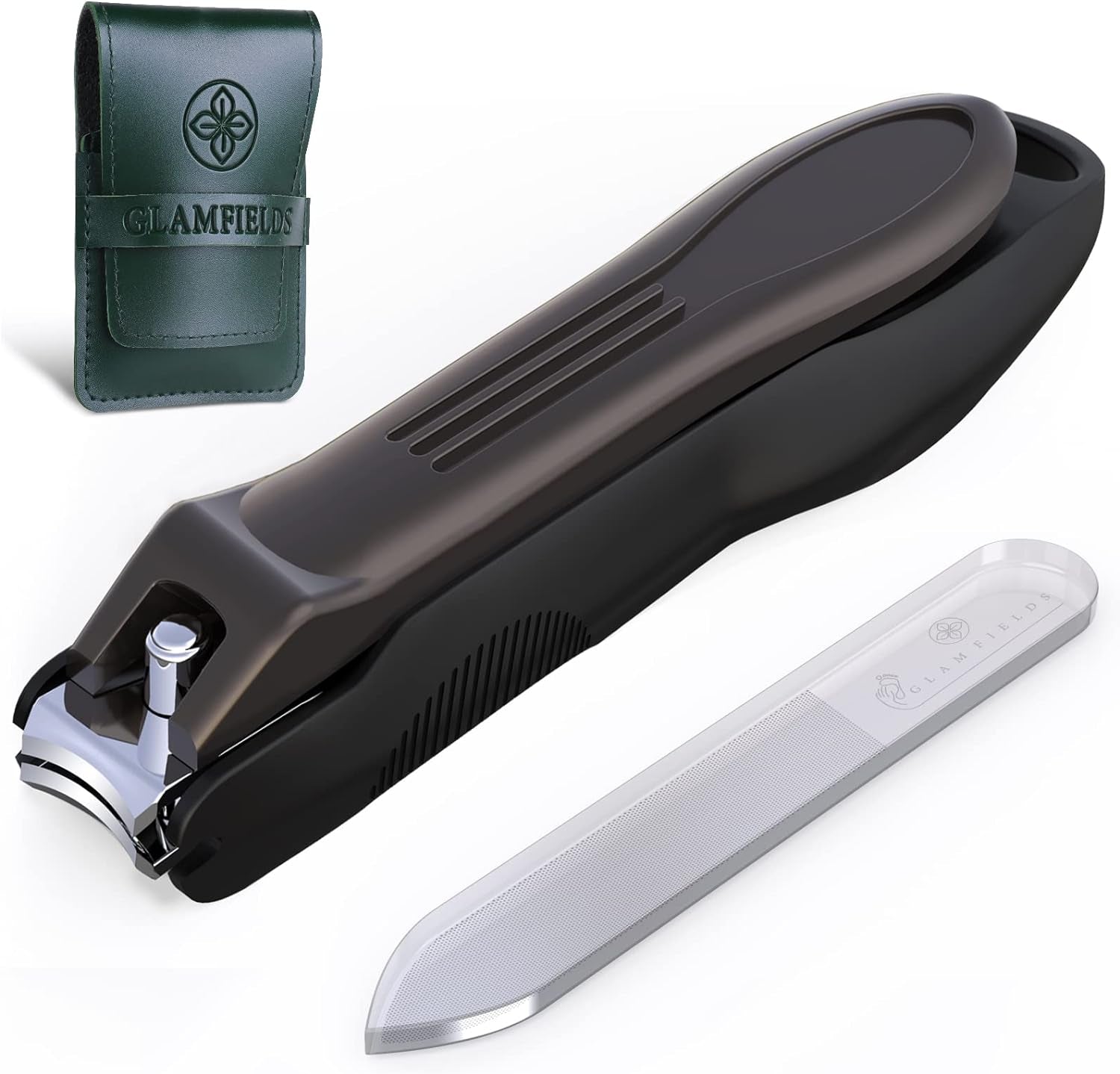 GLAMFIELDS Nail Clipper with Catcher, Large Fingernail Toenail Clipper,Slanted Edge Nail Clippers Leather Case Packed Good Gift for Men and Women 2PACK